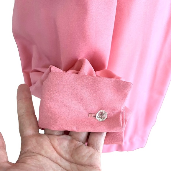 Vintage 70s peach pink bow button up long sleeve pleated secretary blouse - Picture 6 of 10